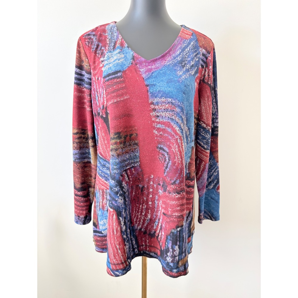 Ali Miles Womens Red Blue Abstract Print V-Neck Long Sleeve Tunic Top Size M